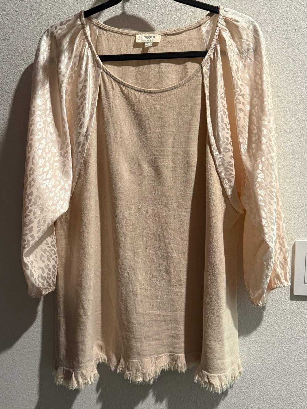 Umgee Cream Tunic with Sheer Animal-Print Balloon Sleeves